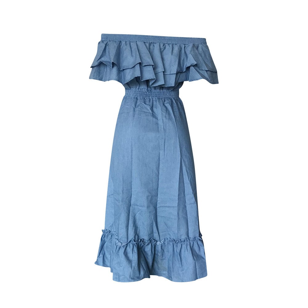 Women Denim Dress Off Shoulder Plicated Elastic Denim Dress