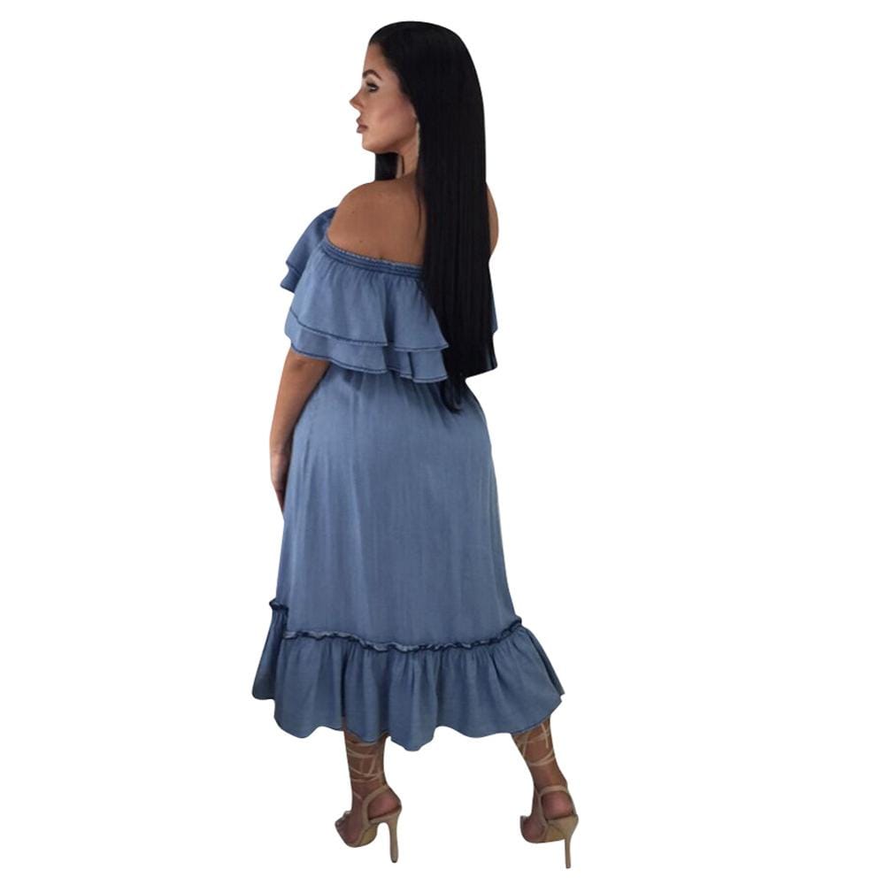 Women Denim Dress Off Shoulder Plicated Elastic Denim Dress