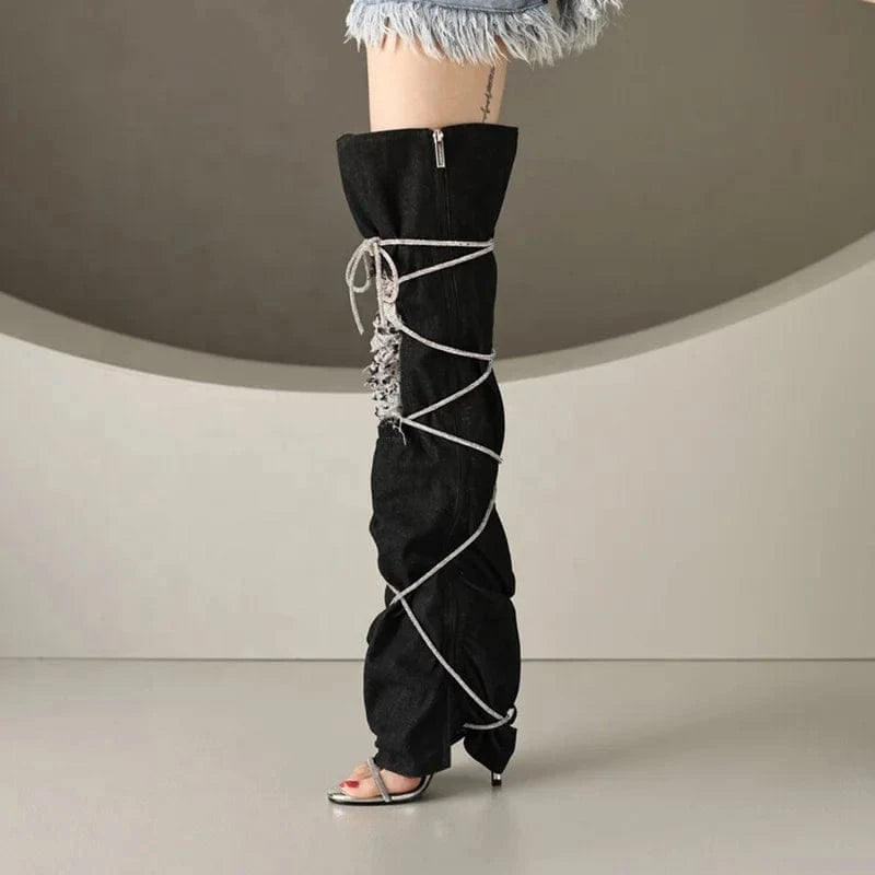 Women Denim Upper Custom Styles Over Knee High Boots Ladies High Heels Lace Up Pants Shoe Summer Jeans Sandals Long Booties