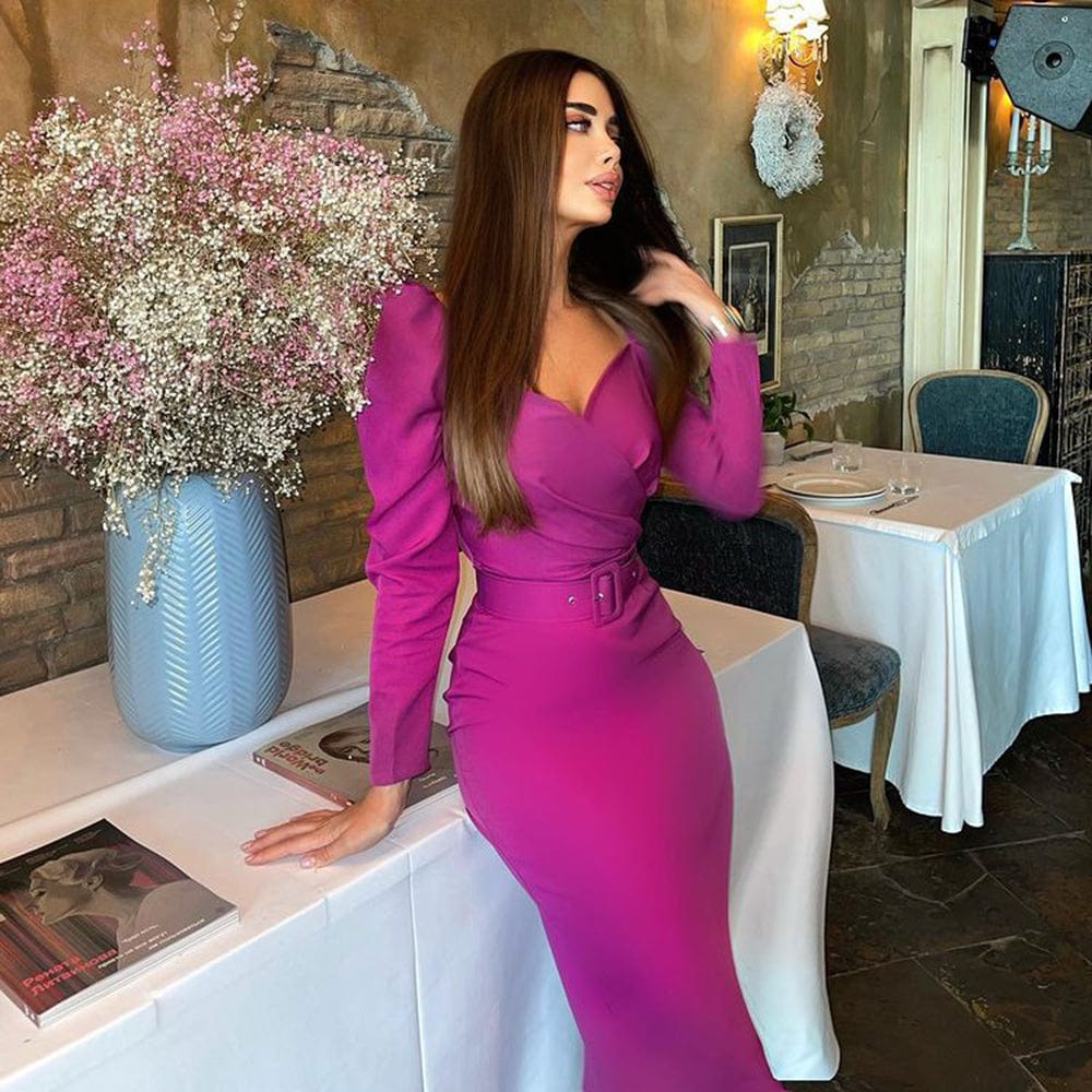 Women Formal Slim V Neck Dresses Satin Slit Belt Office Lady Solid Puff Sleeve Midi Dress