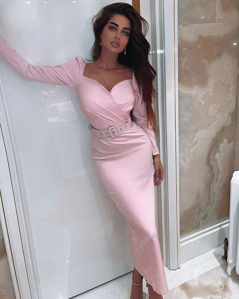 Women Formal Slim V Neck Dresses Satin Slit Belt Office Lady Solid Puff Sleeve Midi Dress