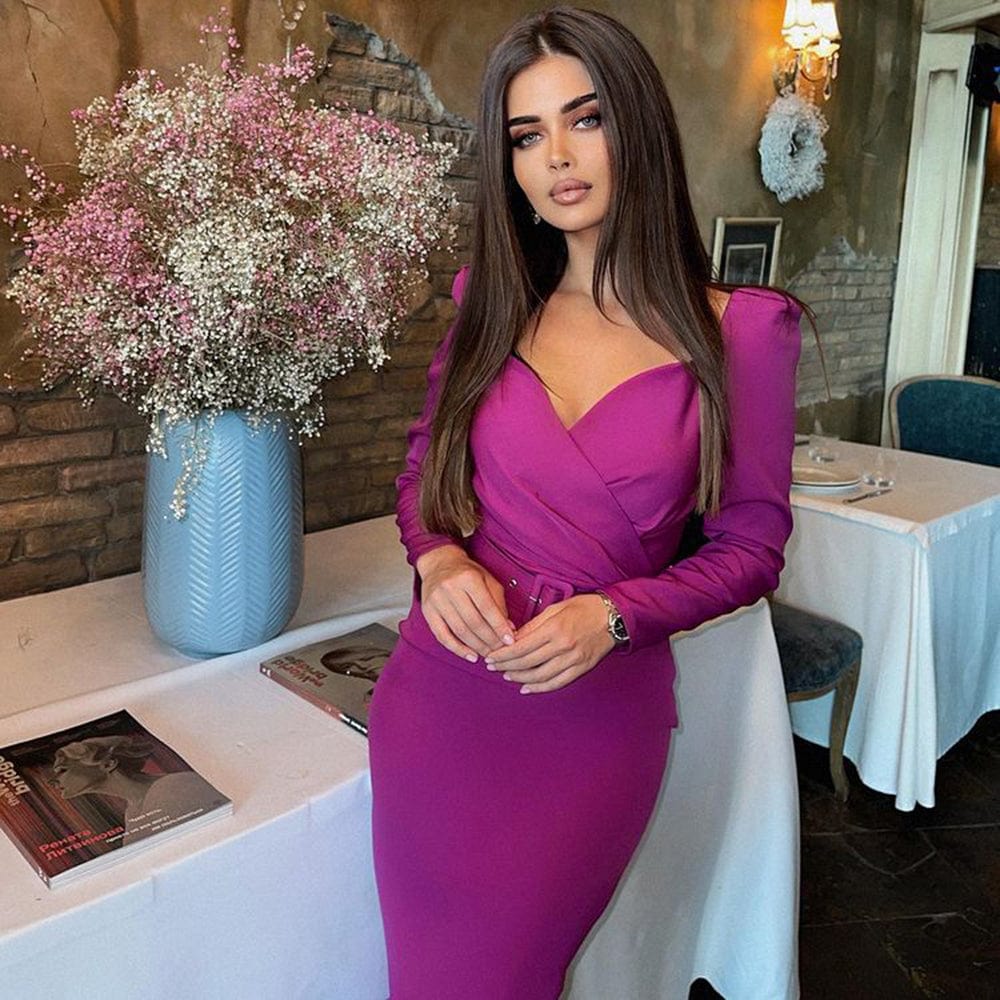 Women Formal Slim V Neck Dresses Satin Slit Belt Office Lady Solid Puff Sleeve Midi Dress