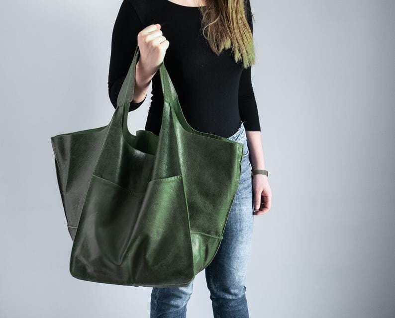 Women Genuine Handmade Purse Work Oversize  Weekender Hobo Travel Everyday Foldover PU Leather Shoulder Tote Bag for Her Wife