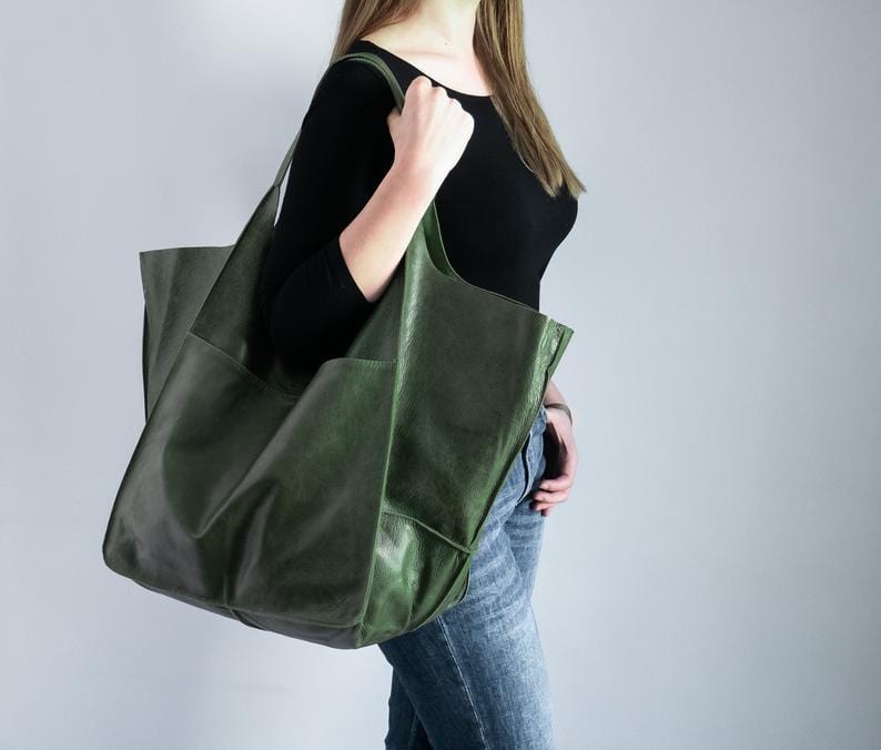 Women Genuine Handmade Purse Work Oversize  Weekender Hobo Travel Everyday Foldover PU Leather Shoulder Tote Bag for Her Wife