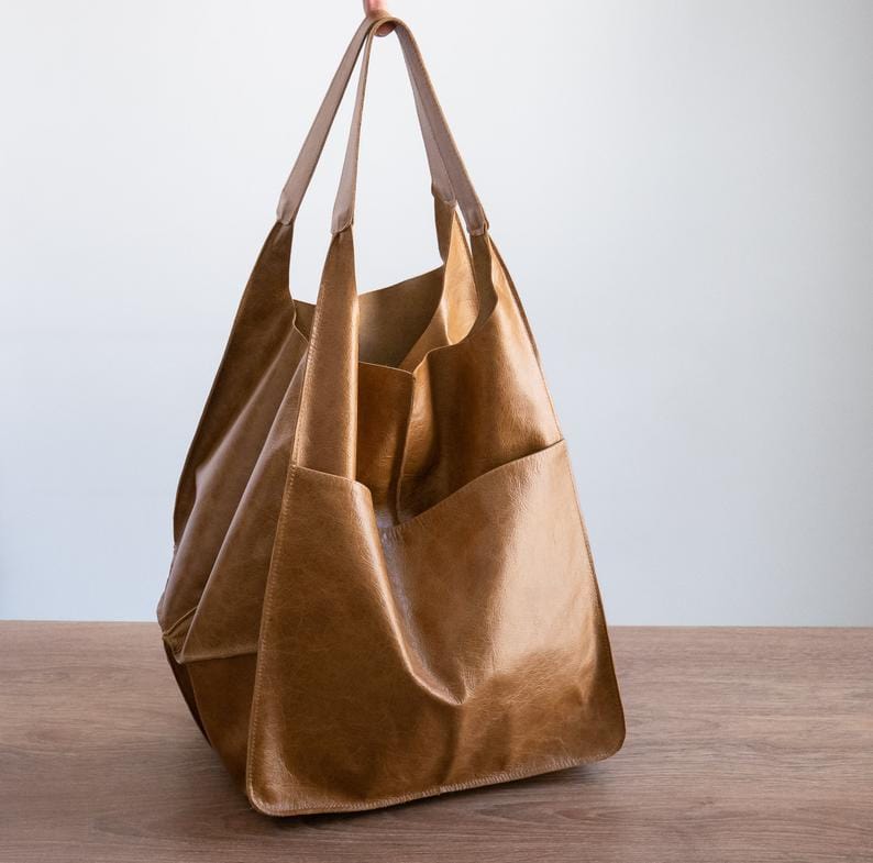 Women Genuine Handmade Purse Work Oversize  Weekender Hobo Travel Everyday Foldover PU Leather Shoulder Tote Bag for Her Wife