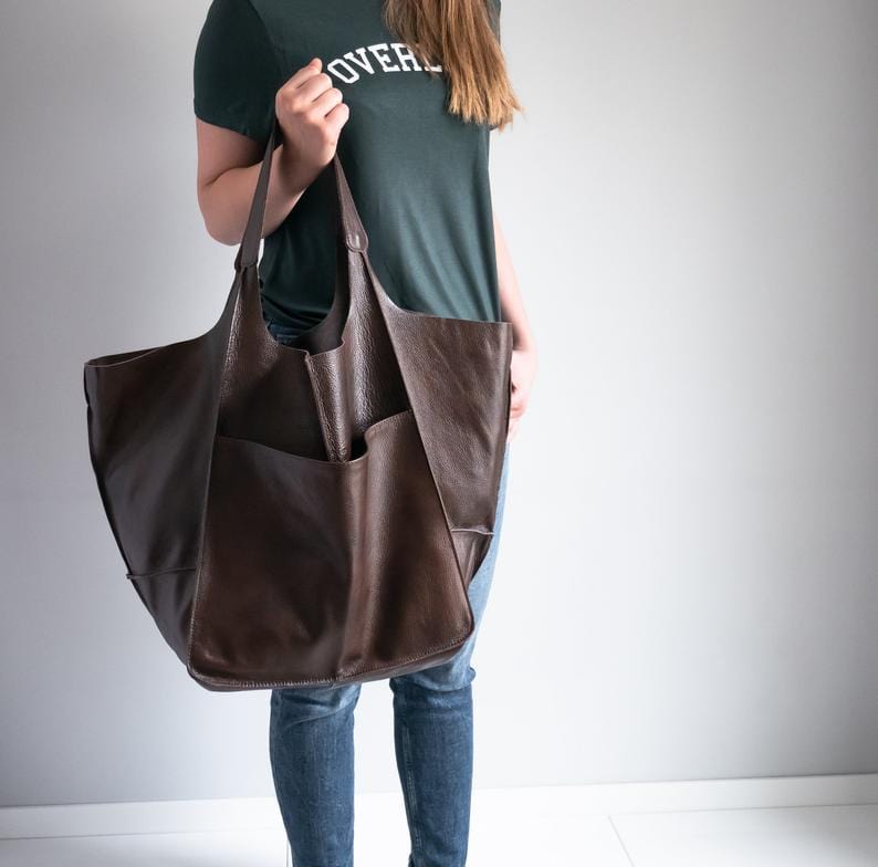 Women Genuine Handmade Purse Work Oversize  Weekender Hobo Travel Everyday Foldover PU Leather Shoulder Tote Bag for Her Wife