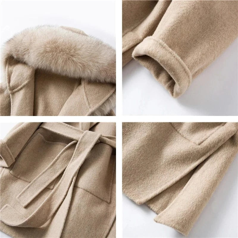 women genuine wool fur coat winter female lady elegant fox fur collar hooded long jacket overcoat trench plus size TX205602