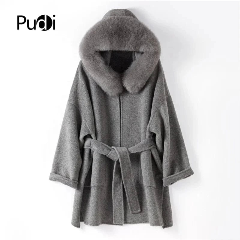 women genuine wool fur coat winter female lady elegant fox fur collar hooded long jacket overcoat trench plus size TX205602