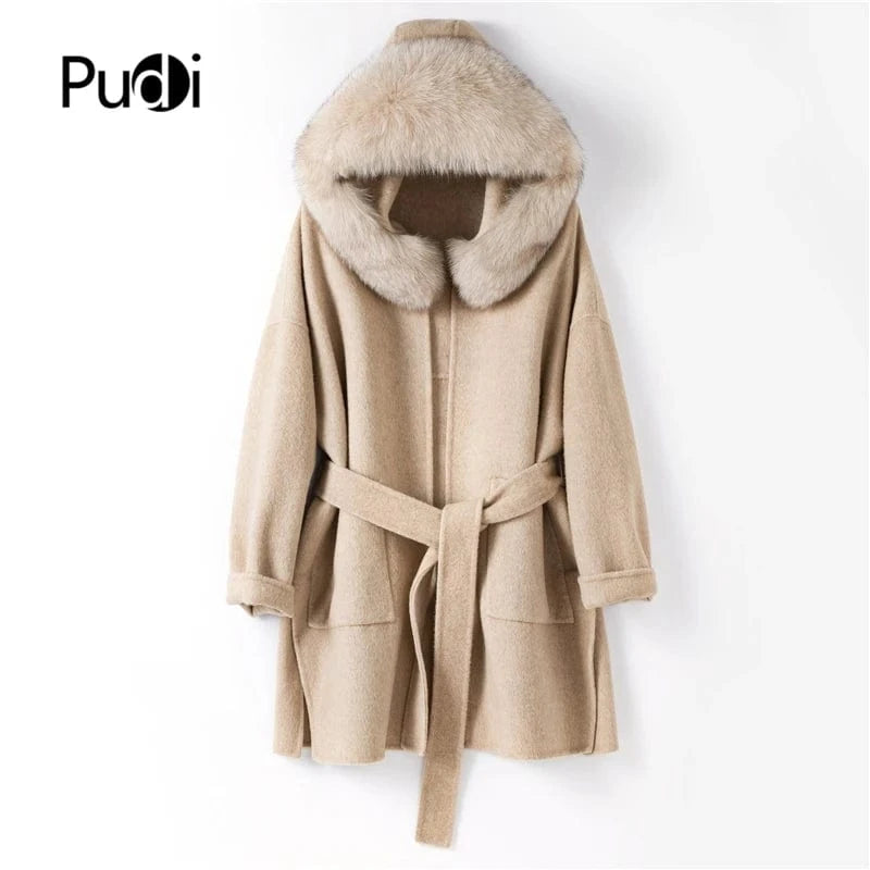 women genuine wool fur coat winter female lady elegant fox fur collar hooded long jacket overcoat trench plus size TX205602