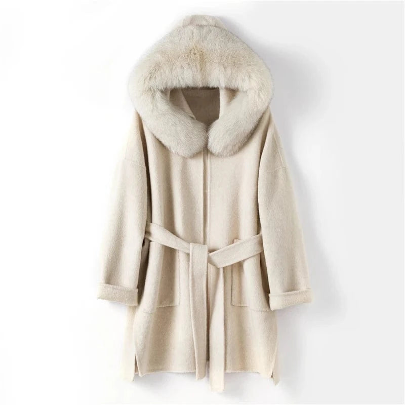 women genuine wool fur coat winter female lady elegant fox fur collar hooded long jacket overcoat trench plus size TX205602