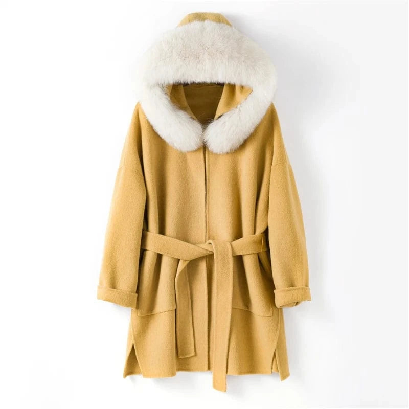 women genuine wool fur coat winter female lady elegant fox fur collar hooded long jacket overcoat trench plus size TX205602