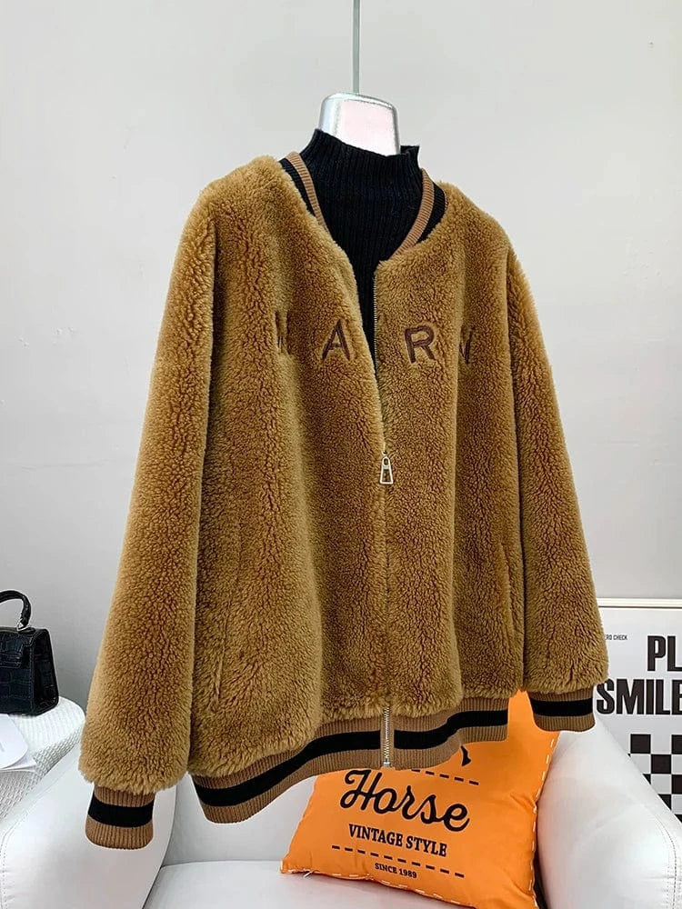 Women Girl Real Wool Fur Round Collar Coa Female Lady Sheep Shearling Baseball Jacket Warm Overcoat JT3263