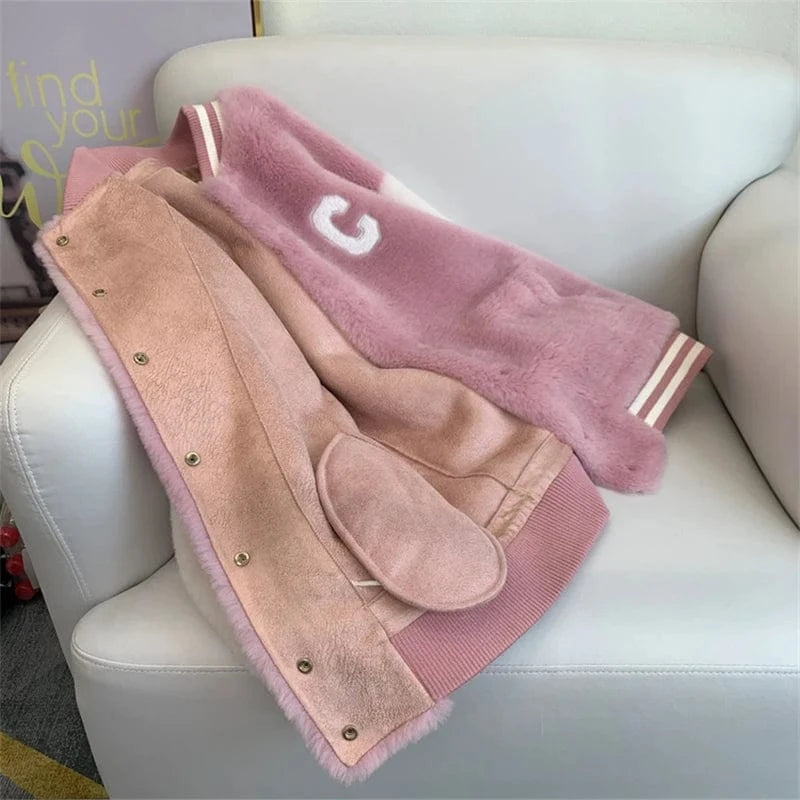 Women Girl Sheep Shearling Baseball Warm Coats Female Lady Lamb Wool Fur Jacket Winter Overcoat JT3276