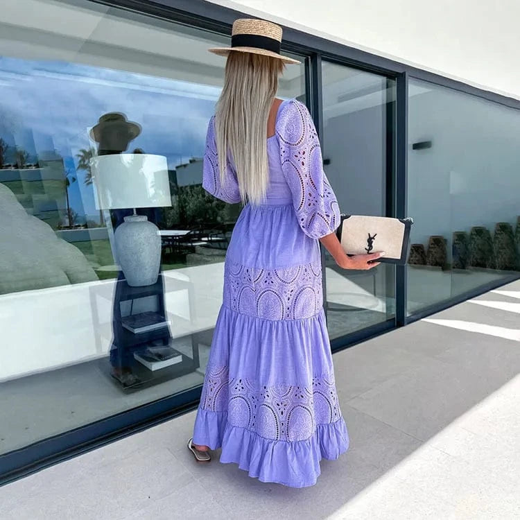 Women Half Puff Sleeve Square Neck Lace Hollow Out Bohemian Maxi Dress Vintage Patchwork Lady Dresses