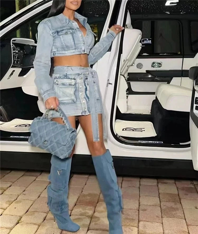 Women Jeans Cargo Two Piece Set Turn Down Collar Long Sleeve Single Breasted Crop Jackets Top Pockets Belt Mini Skirts Suits
