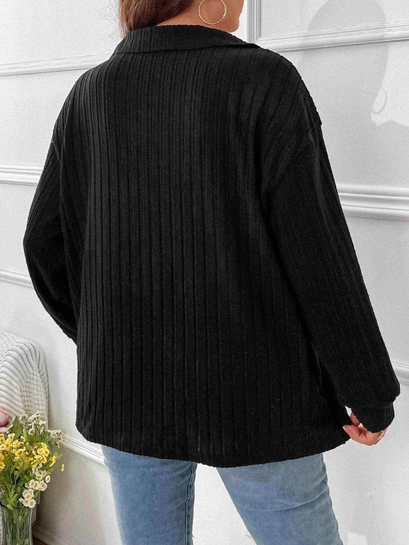 Women Knitwear Sweater Long Sleeve V-neck Solid Color Plus Size Lapel Loose Brushed Autumn Winter Casual Daily Lady Sweater