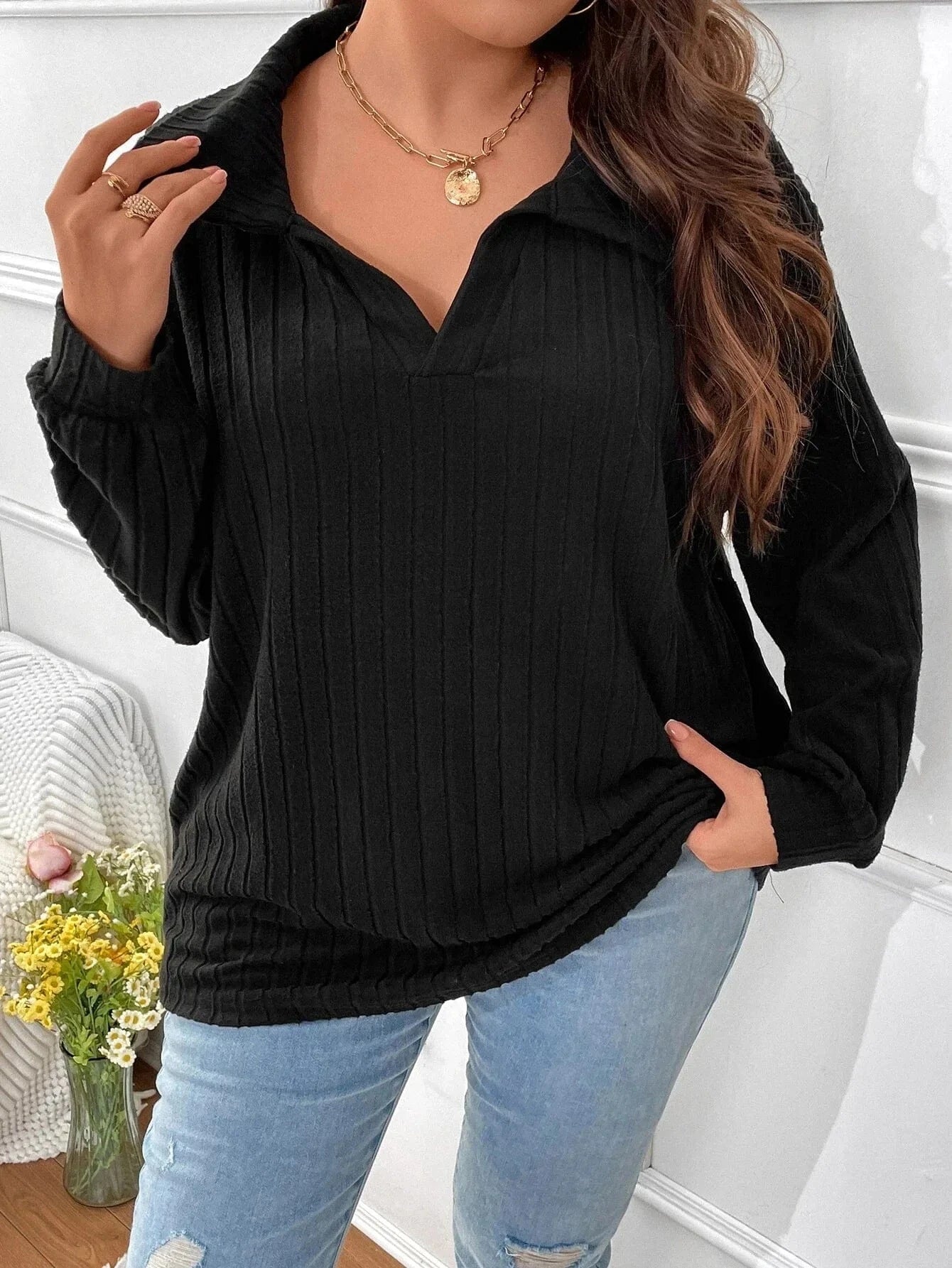 Women Knitwear Sweater Long Sleeve V-neck Solid Color Plus Size Lapel Loose Brushed Autumn Winter Casual Daily Lady Sweater