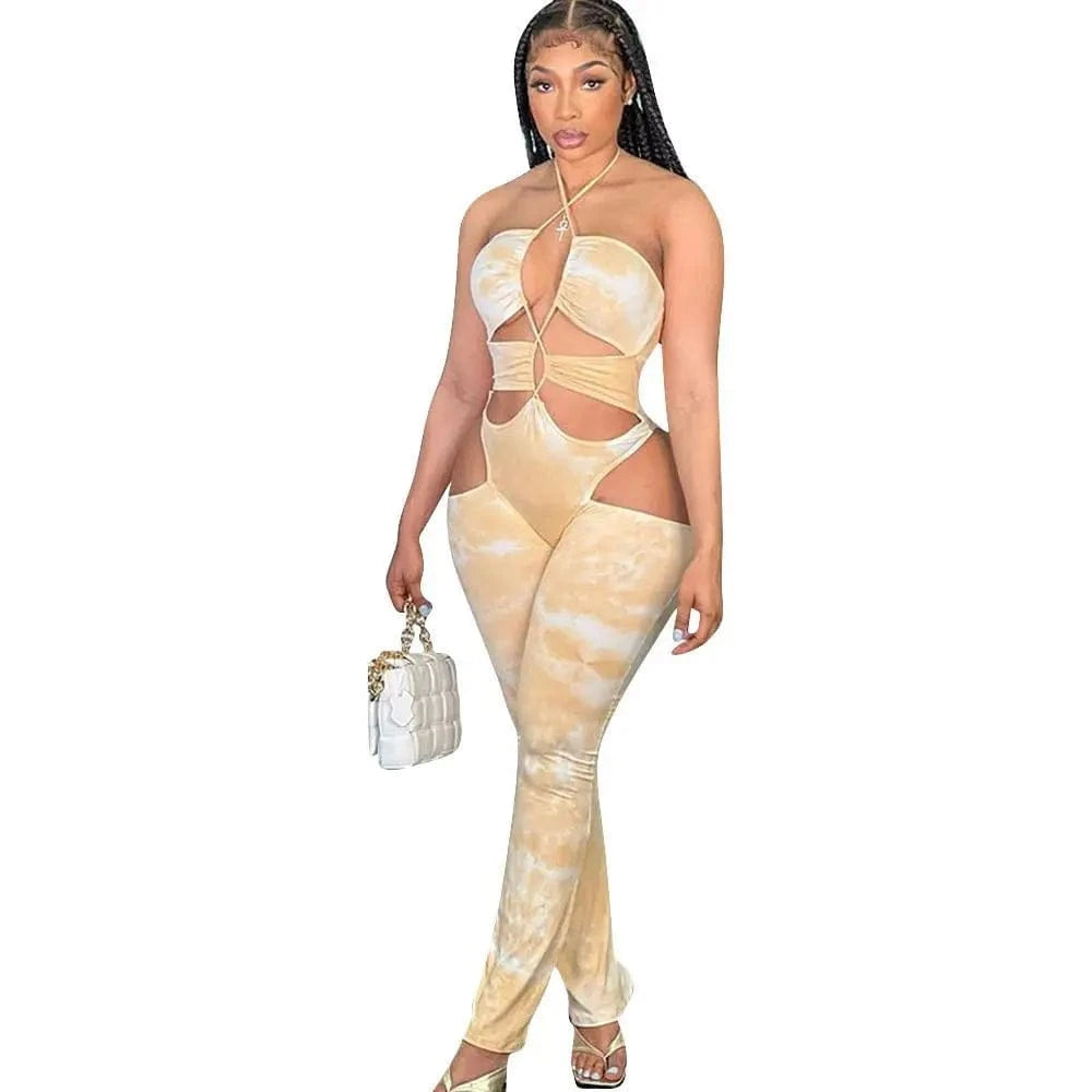 Women Lace Up Printed Sexy Playsuits Sleeveless Cut Out Summer Ladies Halter Tube Top Jumpsuit