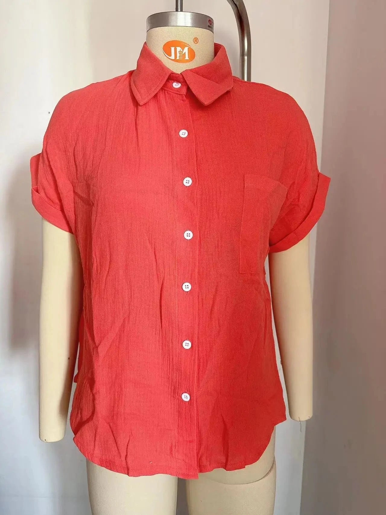 Women Lady Girls Loose Short Sleeve Shirt Hot Sale Slim Spring Summer Elegant Pocket Casual Crinkle Blouse Commuting Shirt