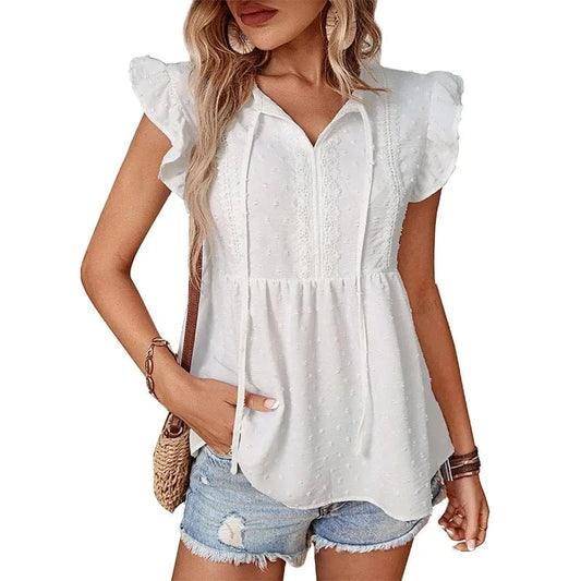 Women Lady Girls Loose Short Sleeve Shirt  Hot Sale  Slim Spring Summer Elegant Ruffled  Casual Blouse Commuting  Shirt