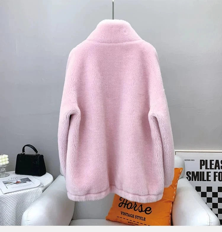 Women Lady Lamb Fur Causal Coats Female Girl Sheep Shearling Winter Jacket Overcoat JT3231