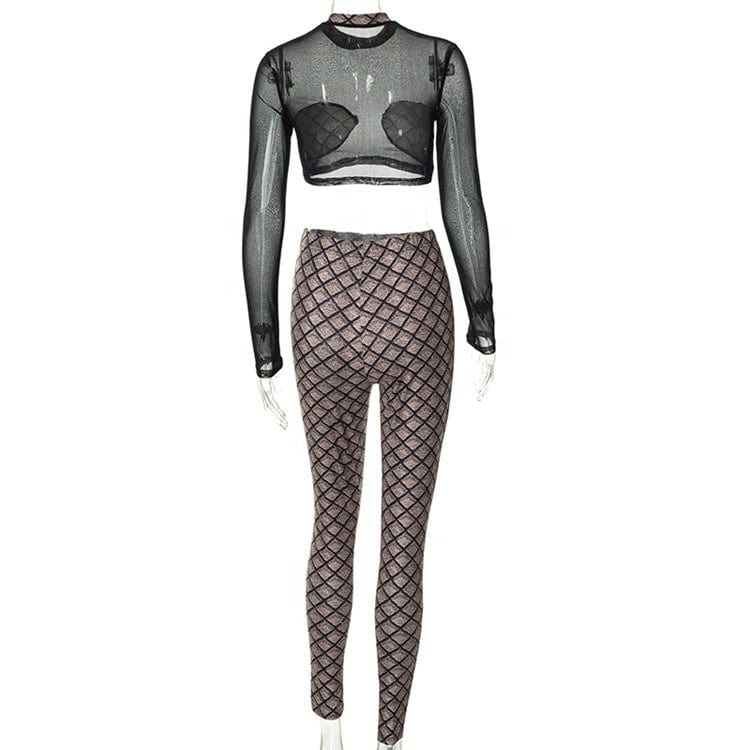Women Long Sleeve Crop Tops Long Pants Two Piece Sets Mesh Patchwork Fall Outfits 2023 Spring Clothes