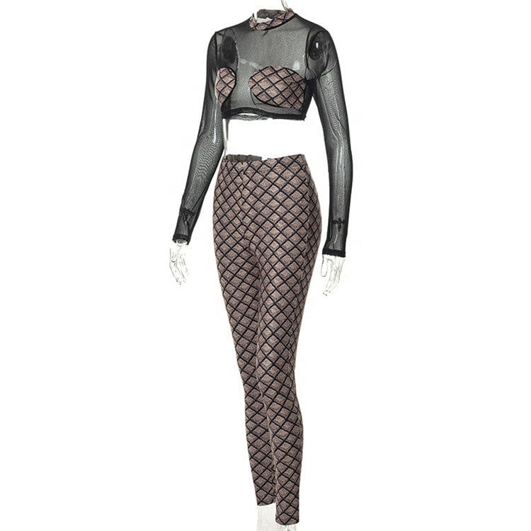 Women Long Sleeve Crop Tops Long Pants Two Piece Sets Mesh Patchwork Fall Outfits 2023 Spring Clothes