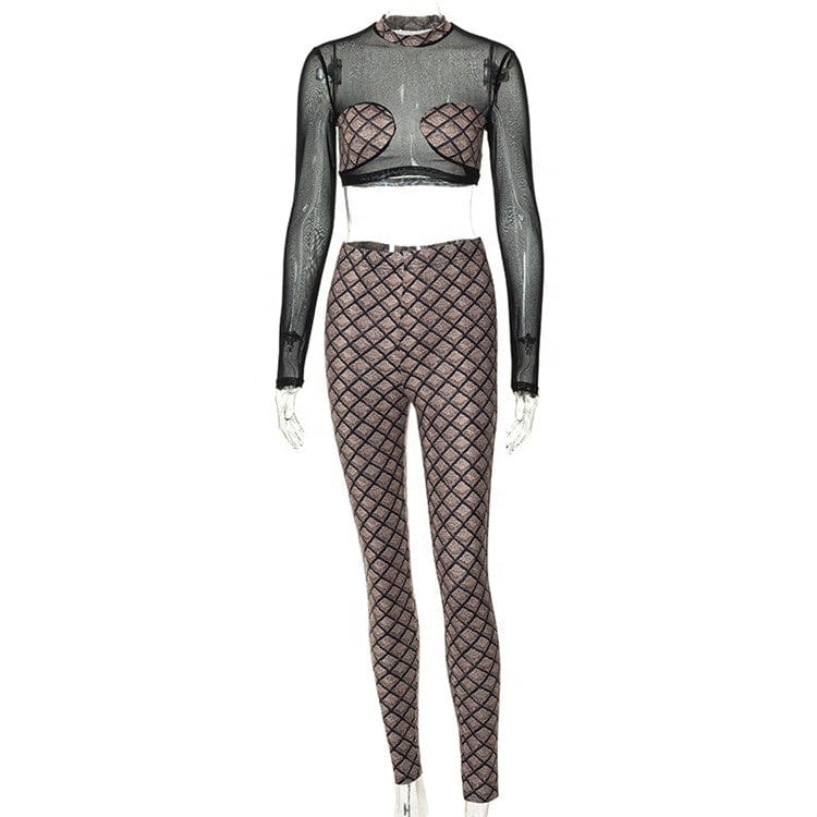 Women Long Sleeve Crop Tops Long Pants Two Piece Sets Mesh Patchwork Fall Outfits 2023 Spring Clothes