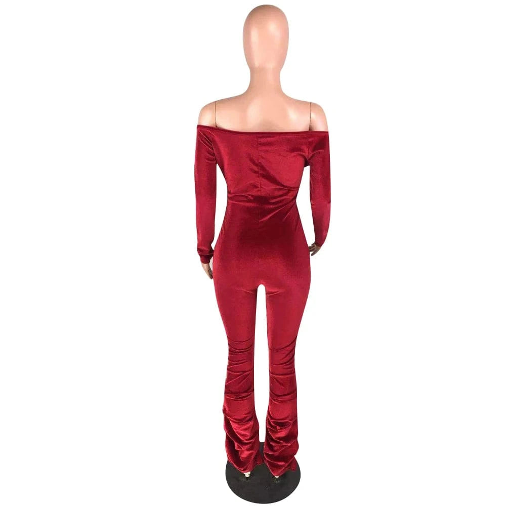 Women Long Sleeve Sexy Off Shoulder Bodycon Clubwear Velvet Playsuit 2023 Autumn Winter Hollow Out Ruched Jumpsuit