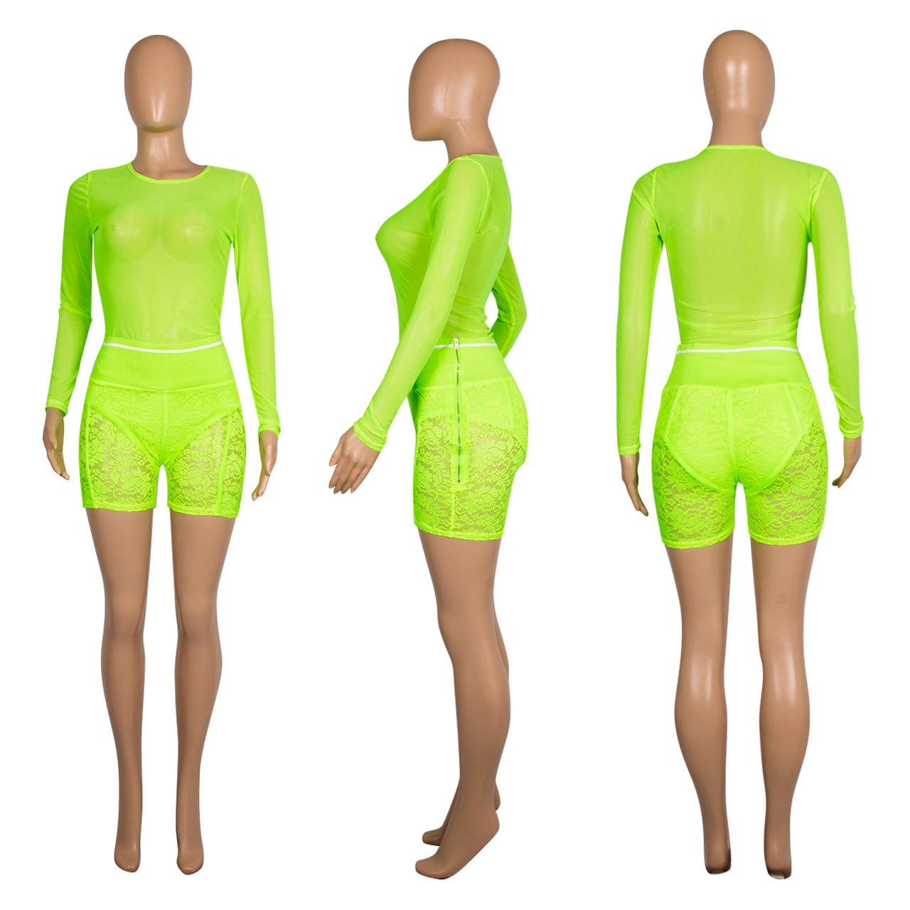 Women Mesh Cover up Sets Sheer 2 Piece Outfits Crop Top Zipper Short Sets Club Wear