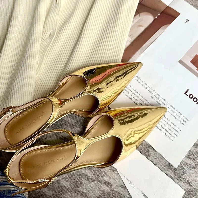 Women New Brand Fashion Pointed Toe Gold Ladies Elegant Dress Slingback Low Heel Mary Jane Flat Shoes