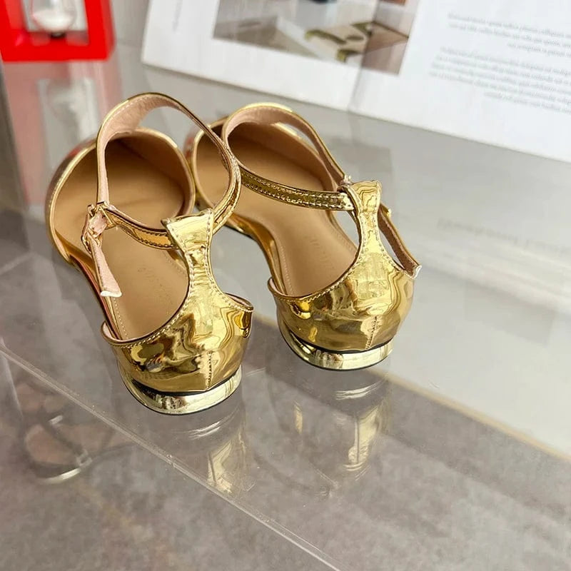 Women New Brand Fashion Pointed Toe Gold Ladies Elegant Dress Slingback Low Heel Mary Jane Flat Shoes