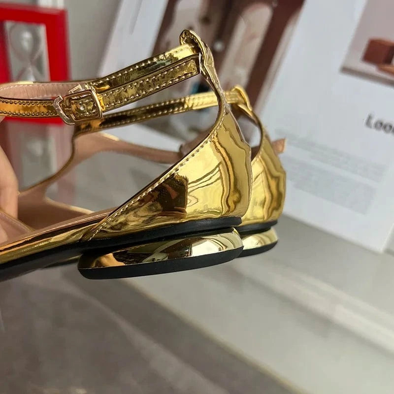 Women New Brand Fashion Pointed Toe Gold Ladies Elegant Dress Slingback Low Heel Mary Jane Flat Shoes