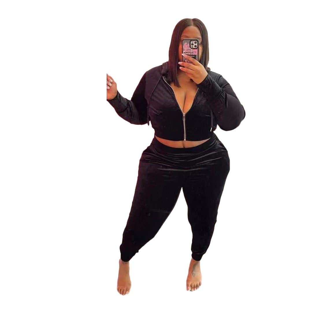 Women Outfits Plus Size Women's 2 Piece Velour Hoodie Tracksuit Set