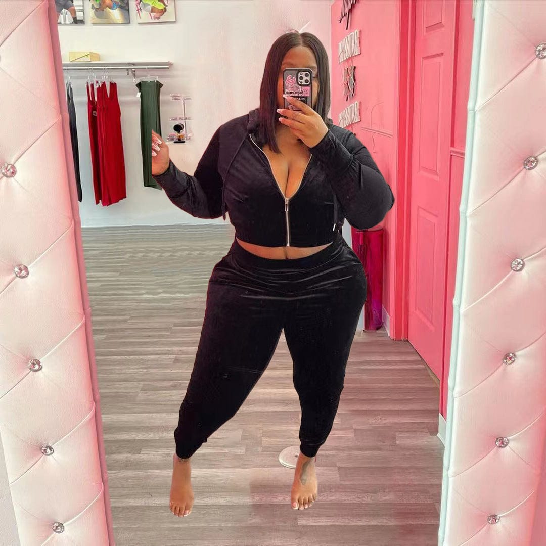 Women Outfits Plus Size Women's 2 Piece Velour Hoodie Tracksuit Set