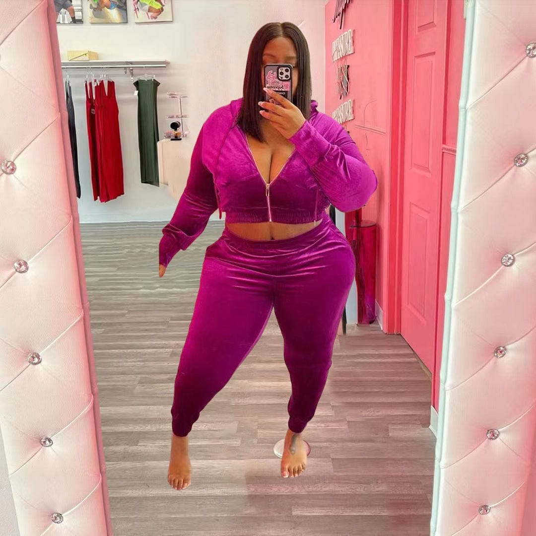Women Outfits Plus Size Women's 2 Piece Velour Hoodie Tracksuit Set