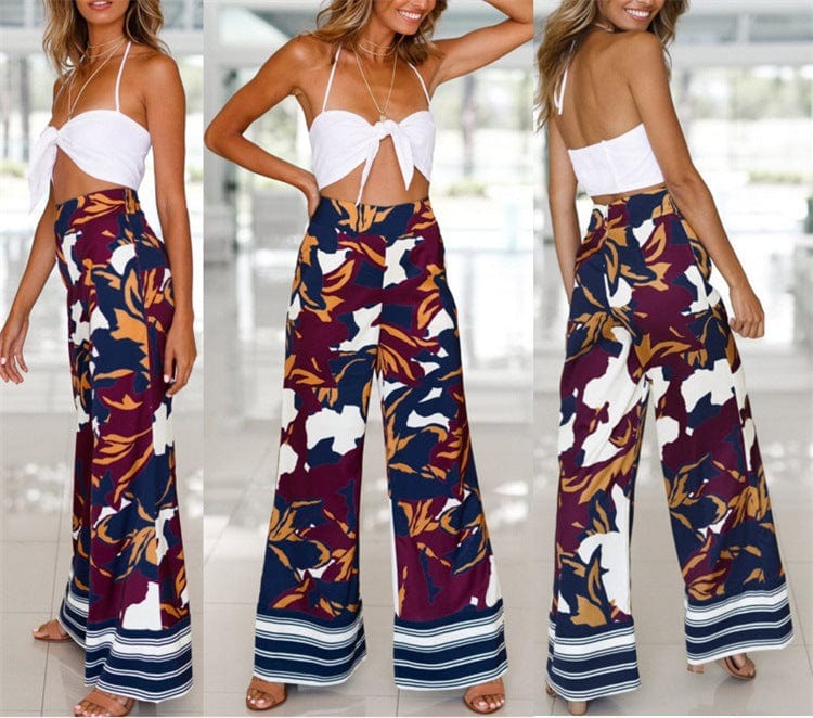 Women Pants Casual Long Trousers Floral Print Boho High Waist Loose Coastal Sea Beach for Ladies Wide Leg Pants Flat Front