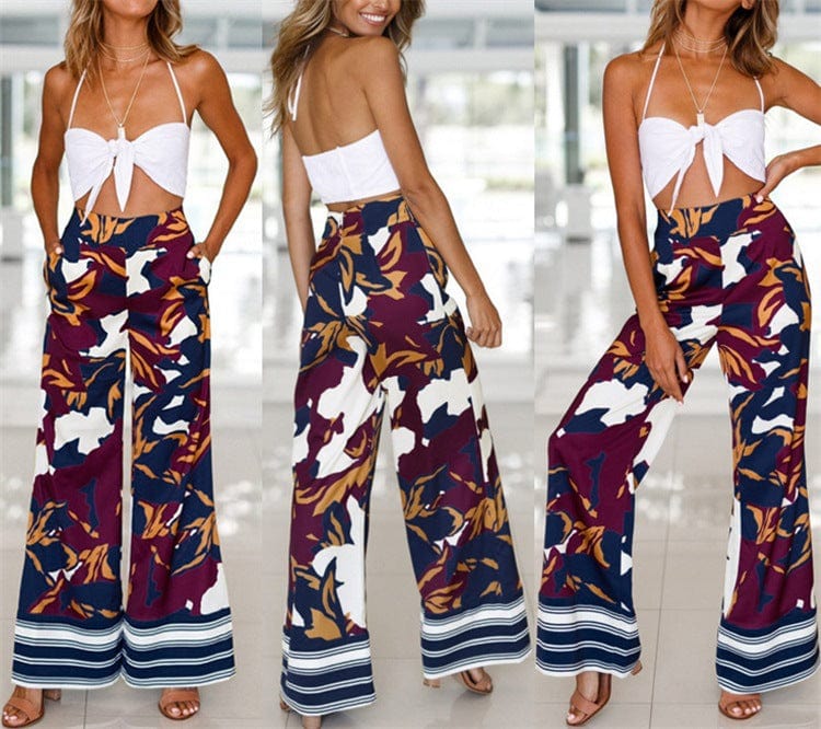 Women Pants Casual Long Trousers Floral Print Boho High Waist Loose Coastal Sea Beach for Ladies Wide Leg Pants Flat Front