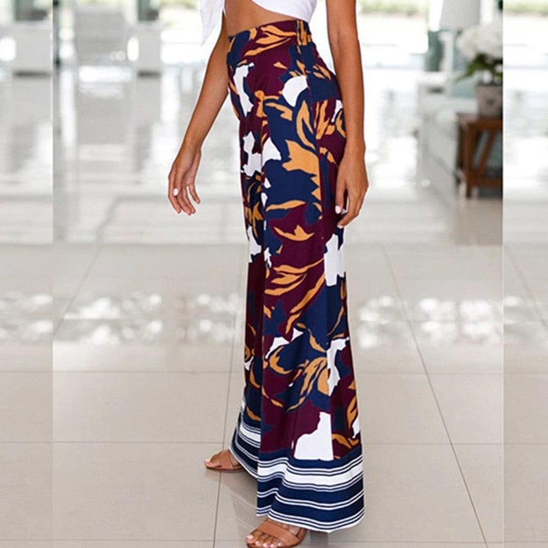 Women Pants Casual Long Trousers Floral Print Boho High Waist Loose Coastal Sea Beach for Ladies Wide Leg Pants Flat Front