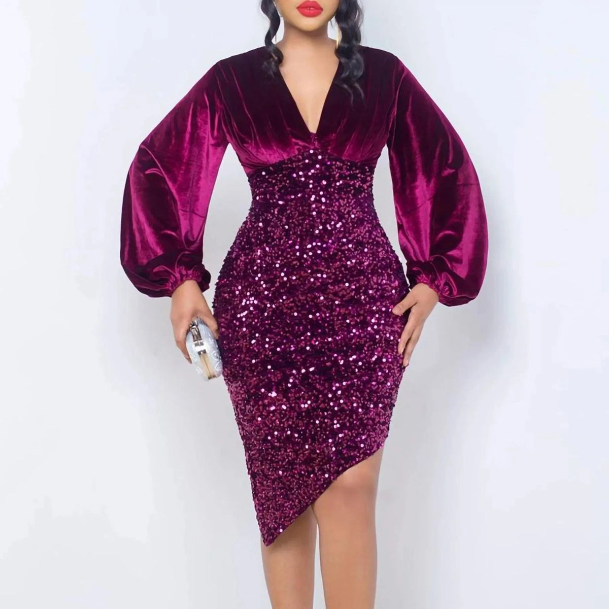 Women party short velour long sleeve evening sequin gold dinner dress