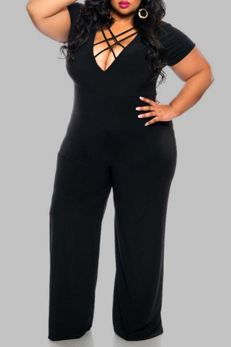 women plus size jumpsuit black large size sexy solid color V-neck tie jumpsuit womens summer jumpsuits