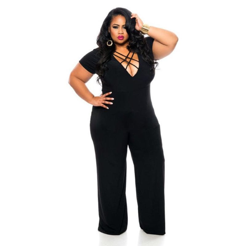 women plus size jumpsuit black large size sexy solid color V-neck tie jumpsuit womens summer jumpsuits