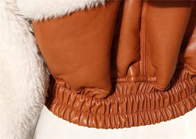 Women PU Coat 2023 Winter Lambswool Stitched Hooded Color Matching Short Leather Jacket Fashion High Waist Warm Tops