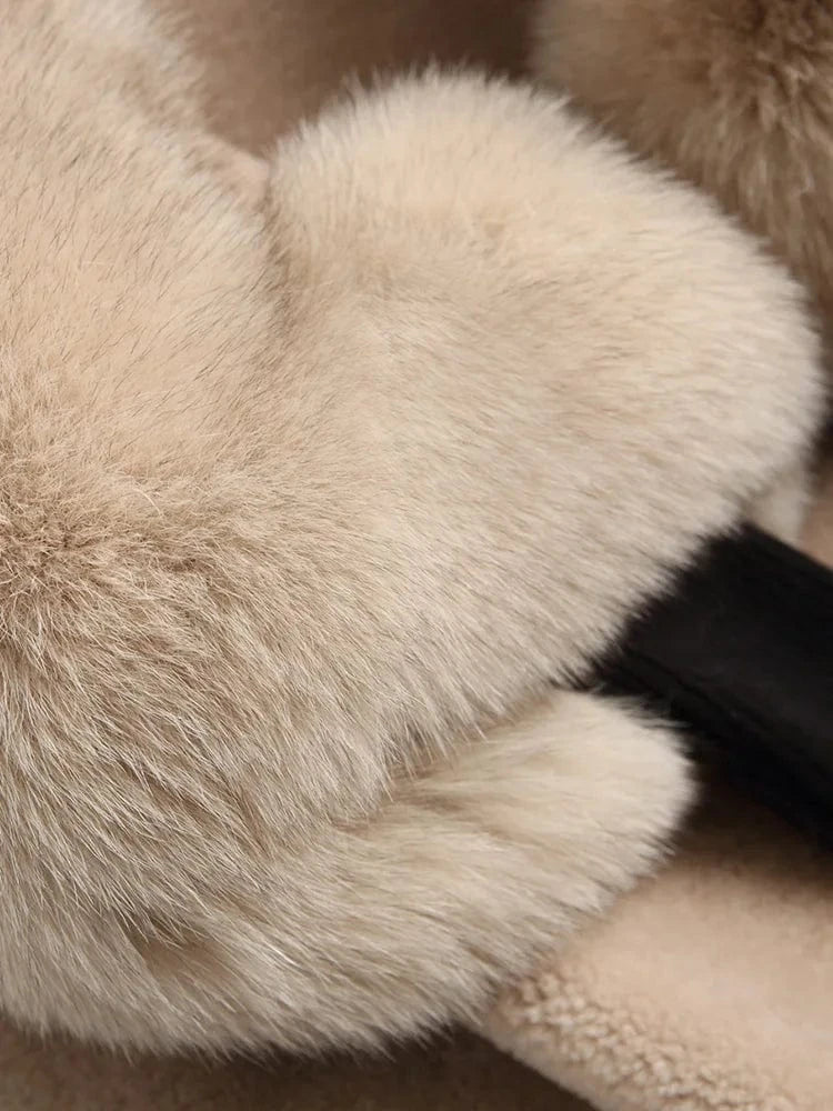 Women Real wool sheep shearling fur coat women fox collar winter warm genuine fur coat winter warm coat A19003