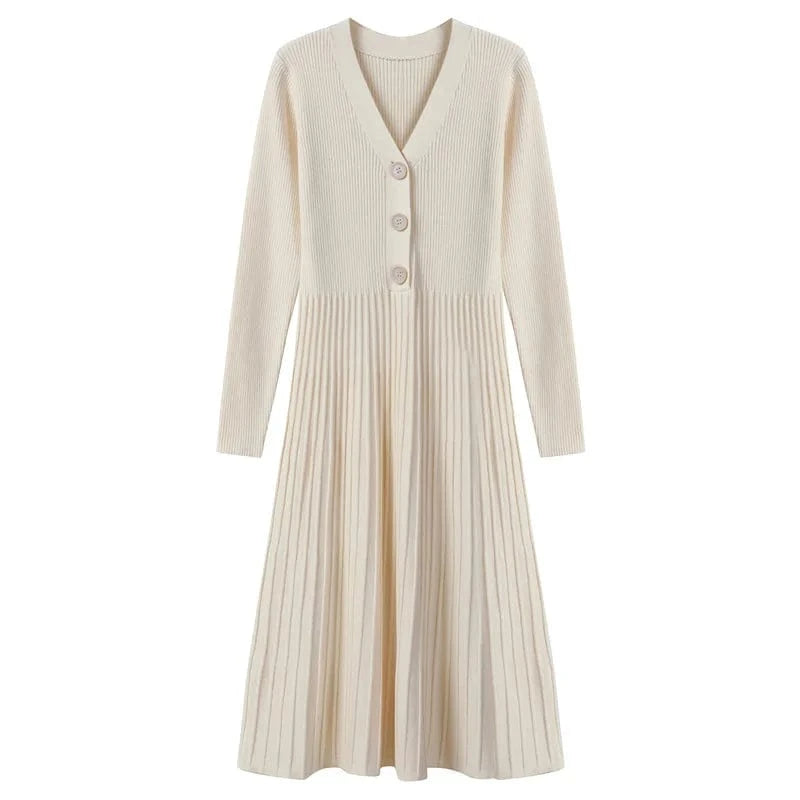 Women's Autumn and Winter Long Sweater Dress V-neck Button Knitwear Loose Plus Size Base Over the Knee Pleated Knit Long Dress