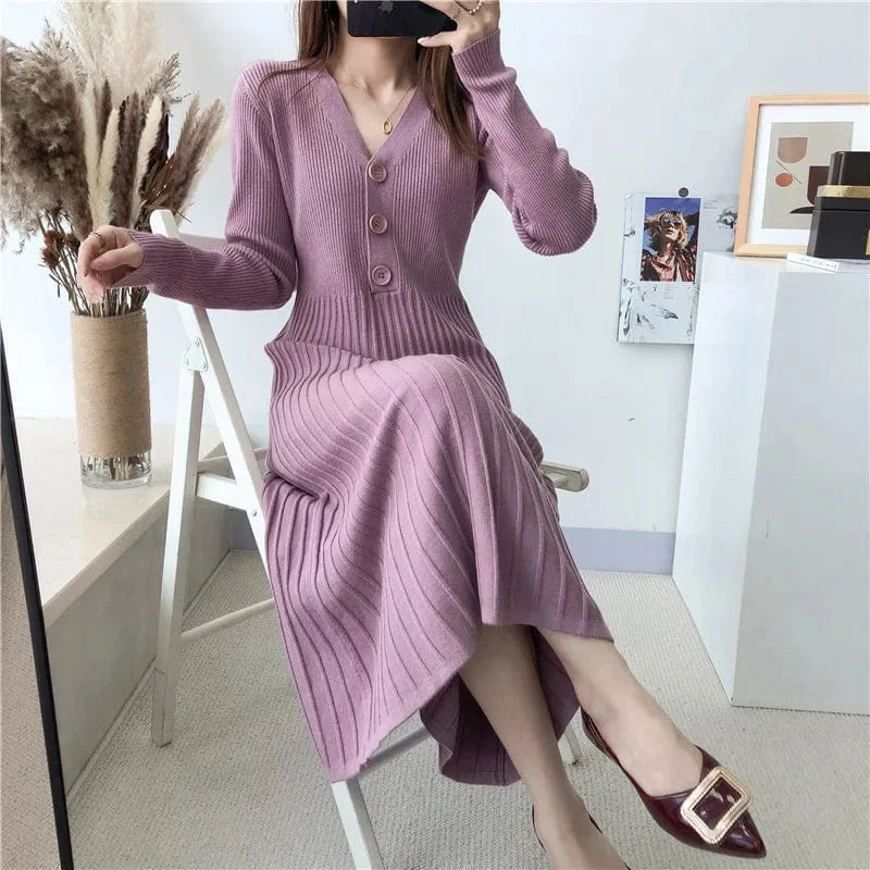 Women's Autumn and Winter Long Sweater Dress V-neck Button Knitwear Loose Plus Size Base Over the Knee Pleated Knit Long Dress