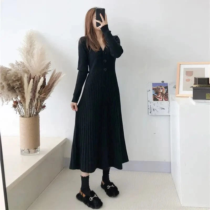 Women's Autumn and Winter Long Sweater Dress V-neck Button Knitwear Loose Plus Size Base Over the Knee Pleated Knit Long Dress