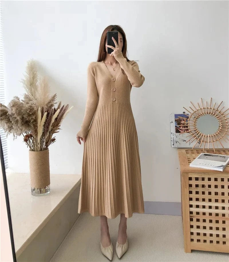 Women's Autumn and Winter Long Sweater Dress V-neck Button Knitwear Loose Plus Size Base Over the Knee Pleated Knit Long Dress