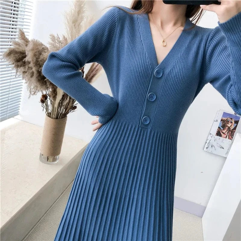Women's Autumn and Winter Long Sweater Dress V-neck Button Knitwear Loose Plus Size Base Over the Knee Pleated Knit Long Dress