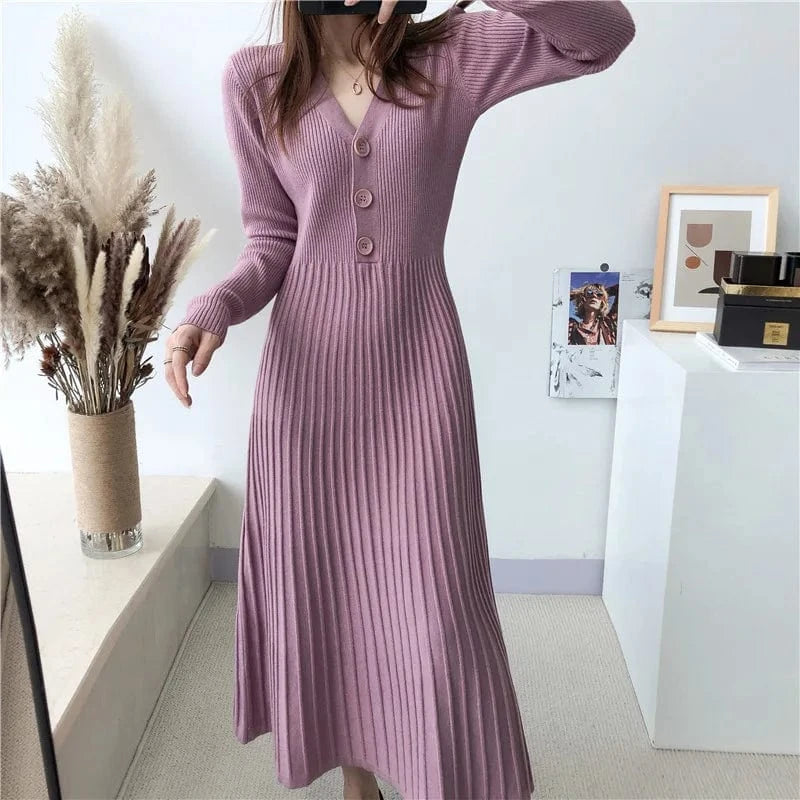 Women's Autumn and Winter Long Sweater Dress V-neck Button Knitwear Loose Plus Size Base Over the Knee Pleated Knit Long Dress